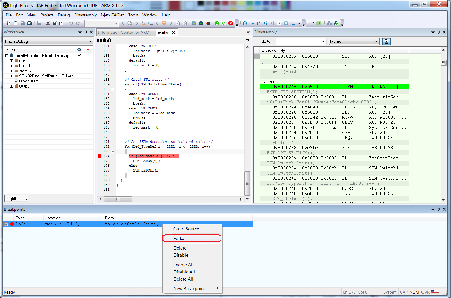 View ->Breakpoints window（表示→ブレークポイントウィンドウ）