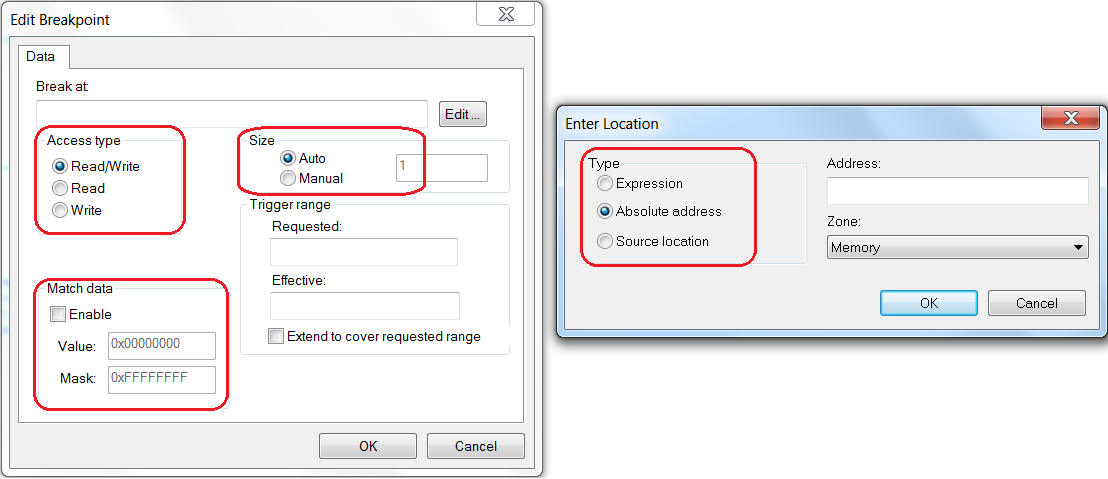 View->Breakpoints window（表示→ブレークポイントウィンドウ）のEdit option（編集オプション）で追加